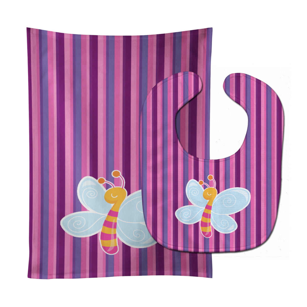 Dragonfly in Pink Stripes Baby Bib & Burp Cloth