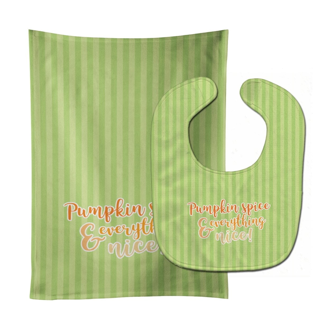Fall Pumpkin Spice Green Stripe Baby Bib & Burp Cloth