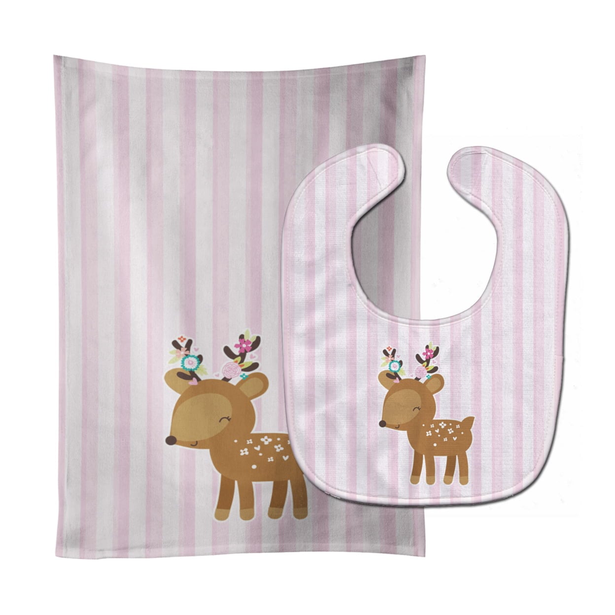 Deer in Pink Stripes Baby Bib & Burp Cloth