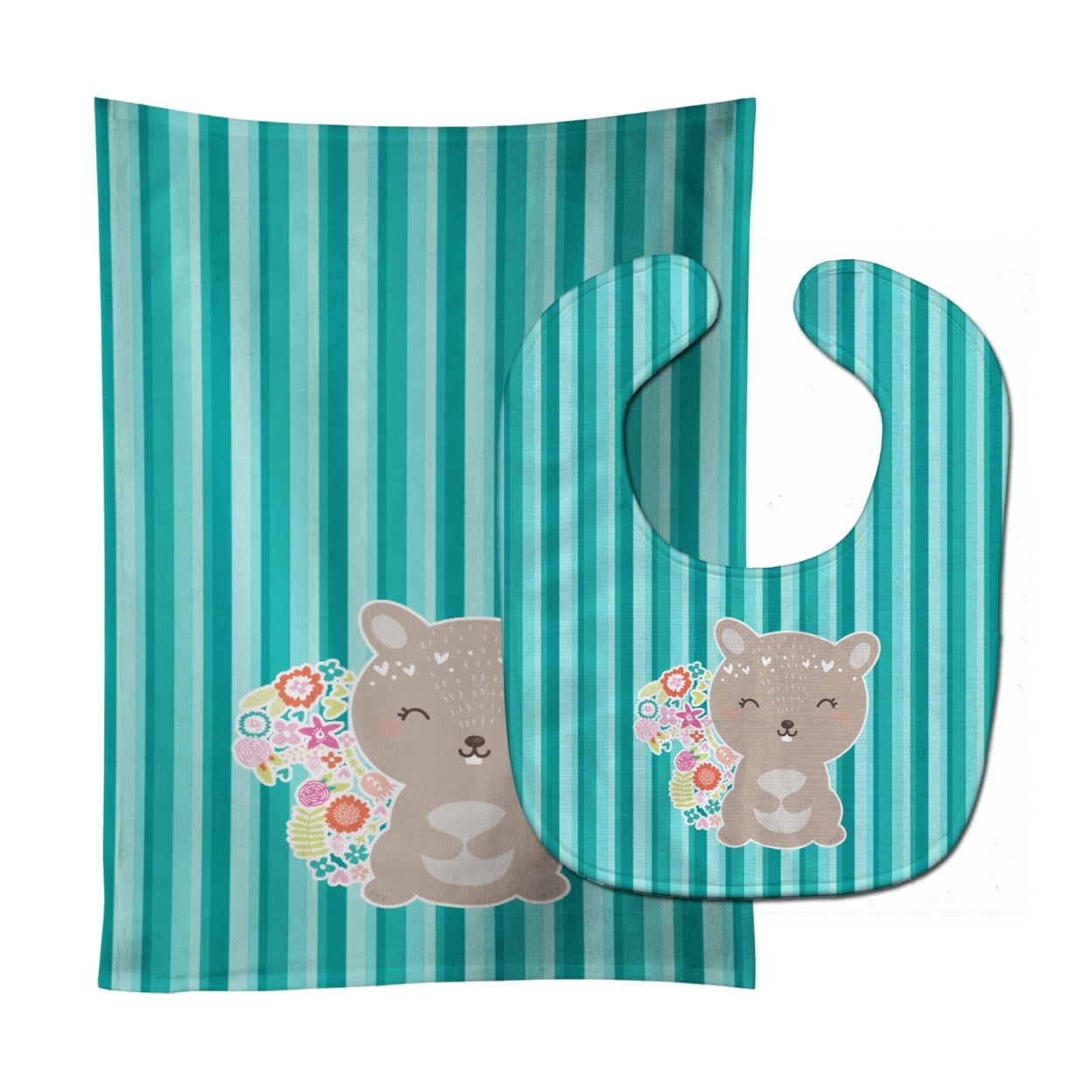 Flowered Squirrel Baby Bib & Burp Cloth