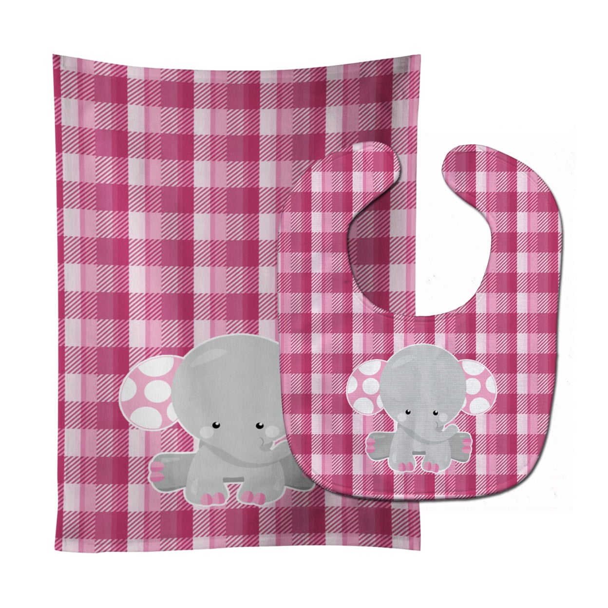 Elephant Pink Gingham Baby Bib & Burp Cloth
