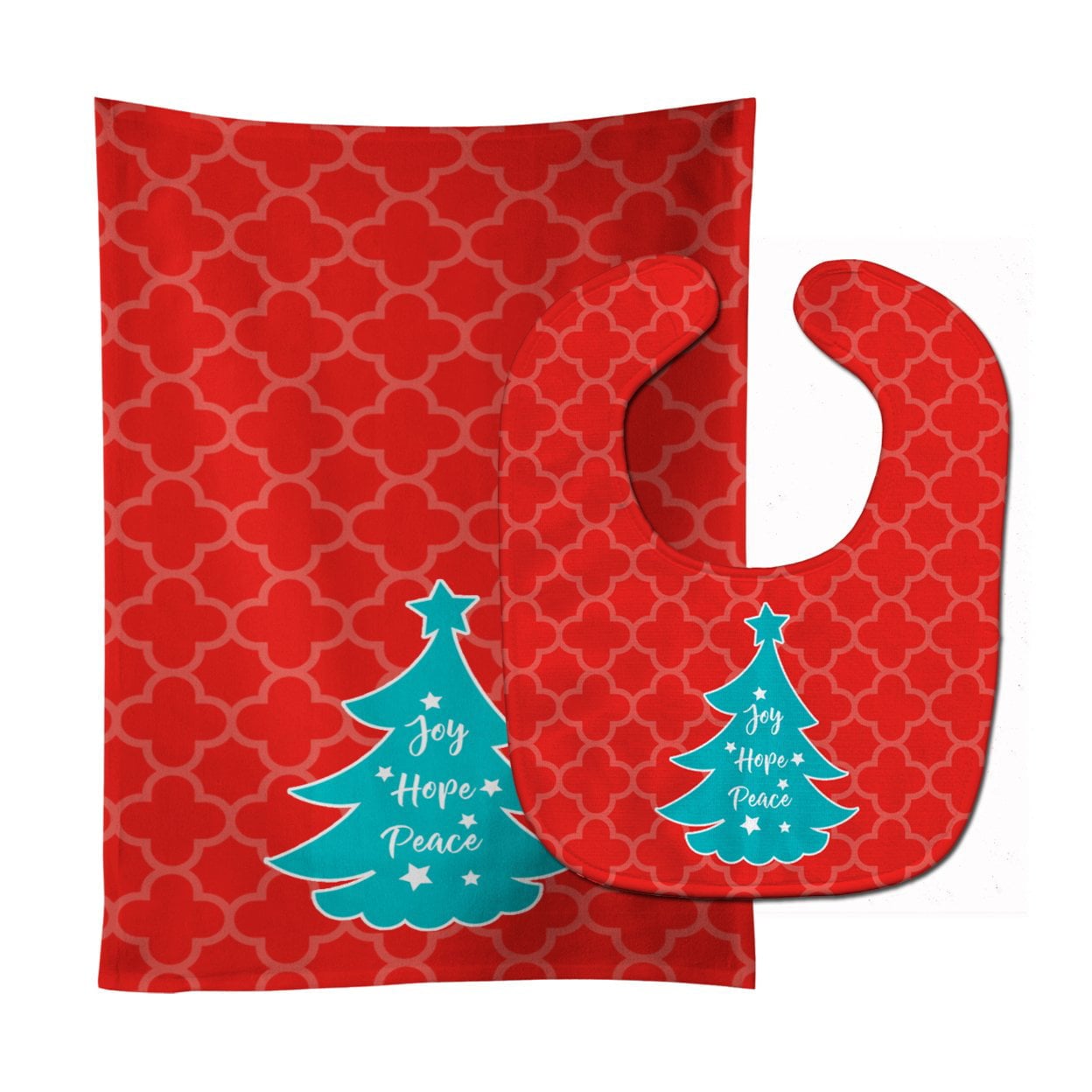 Christmas Tree Red Teal Baby Bib & Burp Cloth