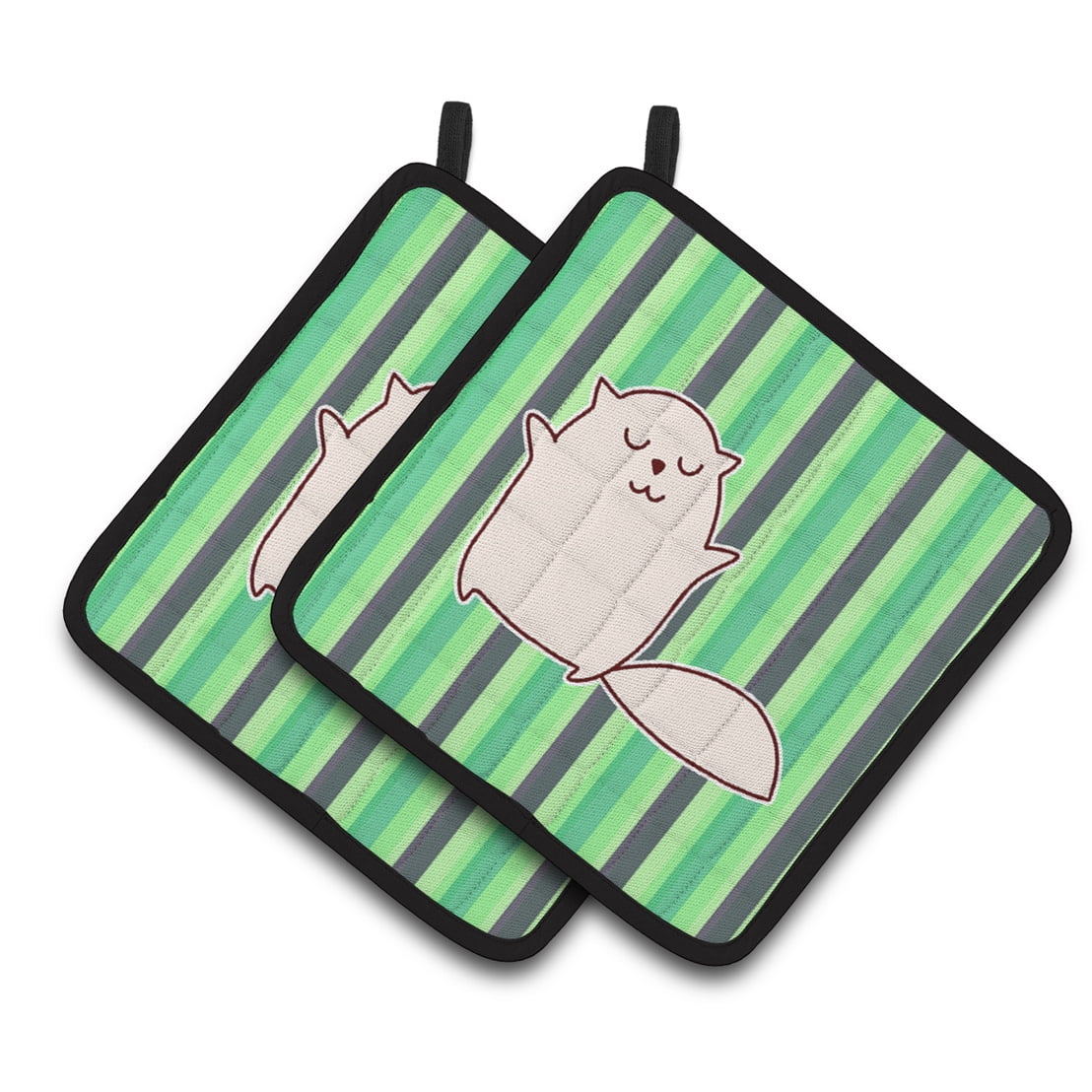 Cat Green Stripes Pair of Pot Holders