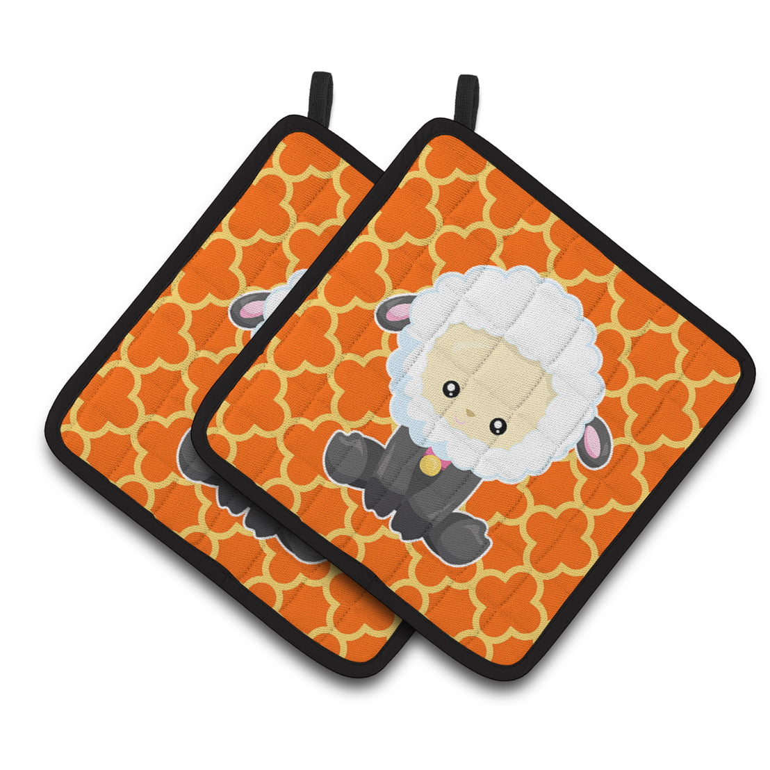 Sheep on Orange Quatrafoil Pair of Pot Holders
