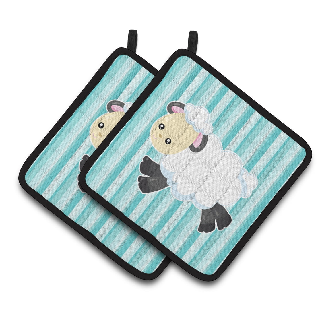 BB6873PTHD Sheep on Blue Stripes Pair of Pot Holders