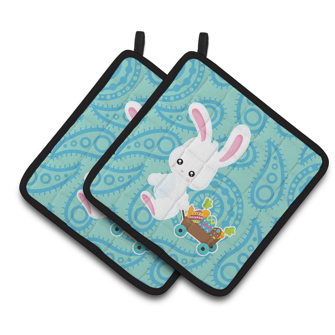 BB6898PTHD Easter Rabbit Paisley Blue Pair of Pot Holders