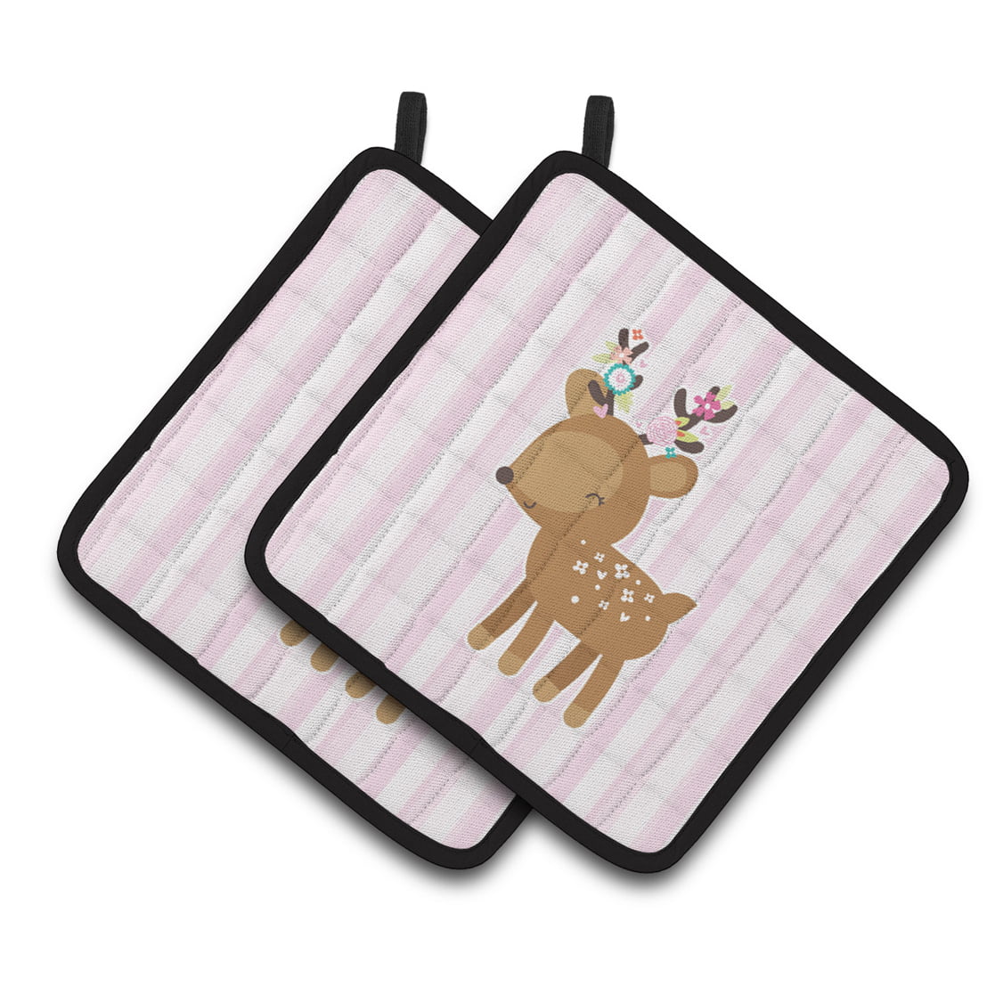 Deer in Pink Stripes Pair of Pot Holders