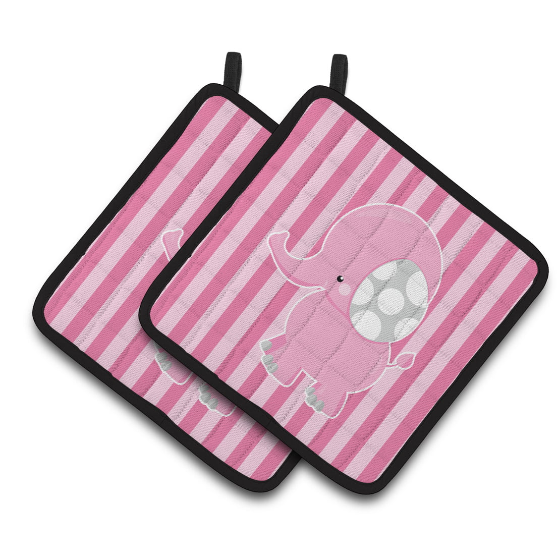 Elephant on Pink Stripes Pair of Pot Holders