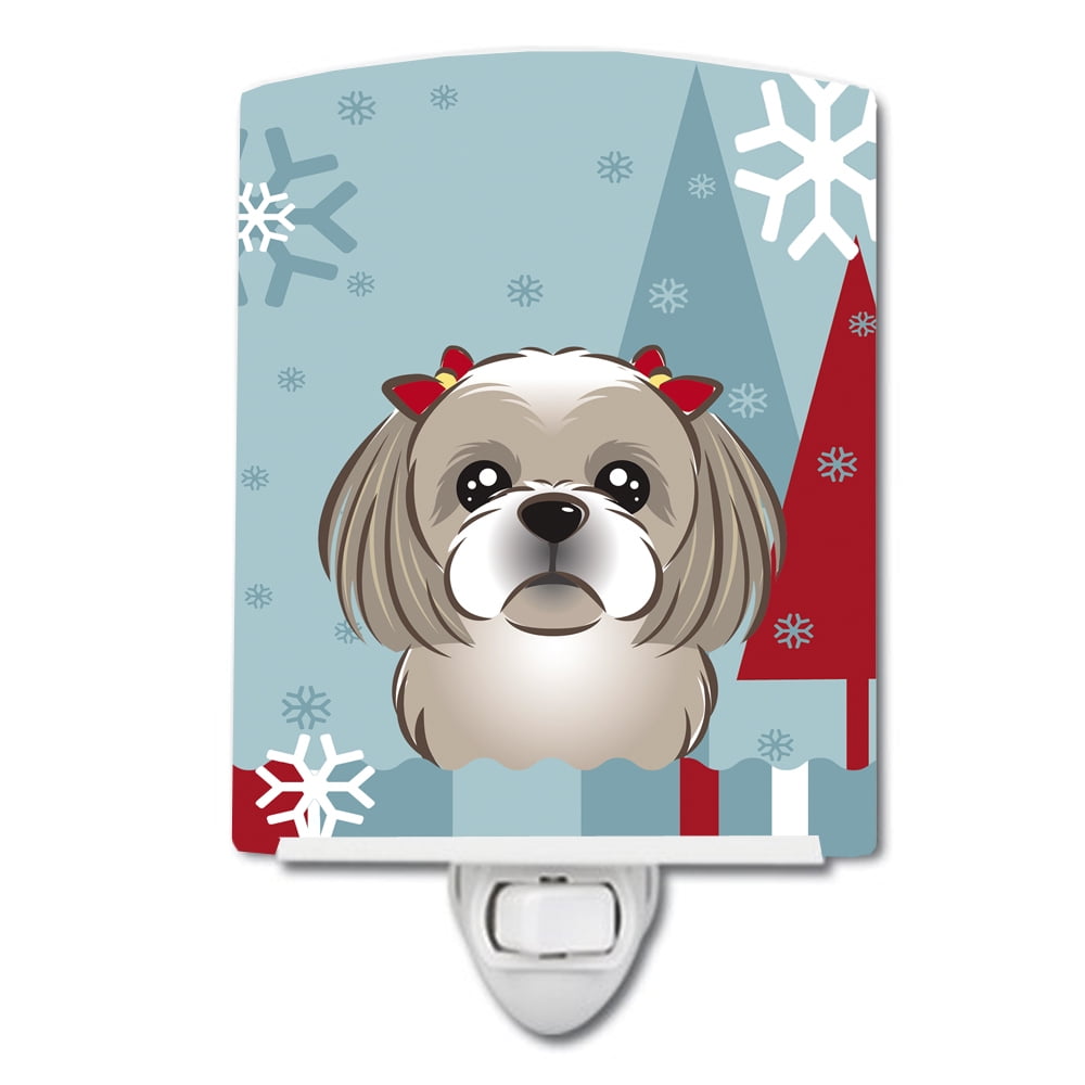 Winter Holiday Gray Silver Shih Tzu Ceramic Night Light