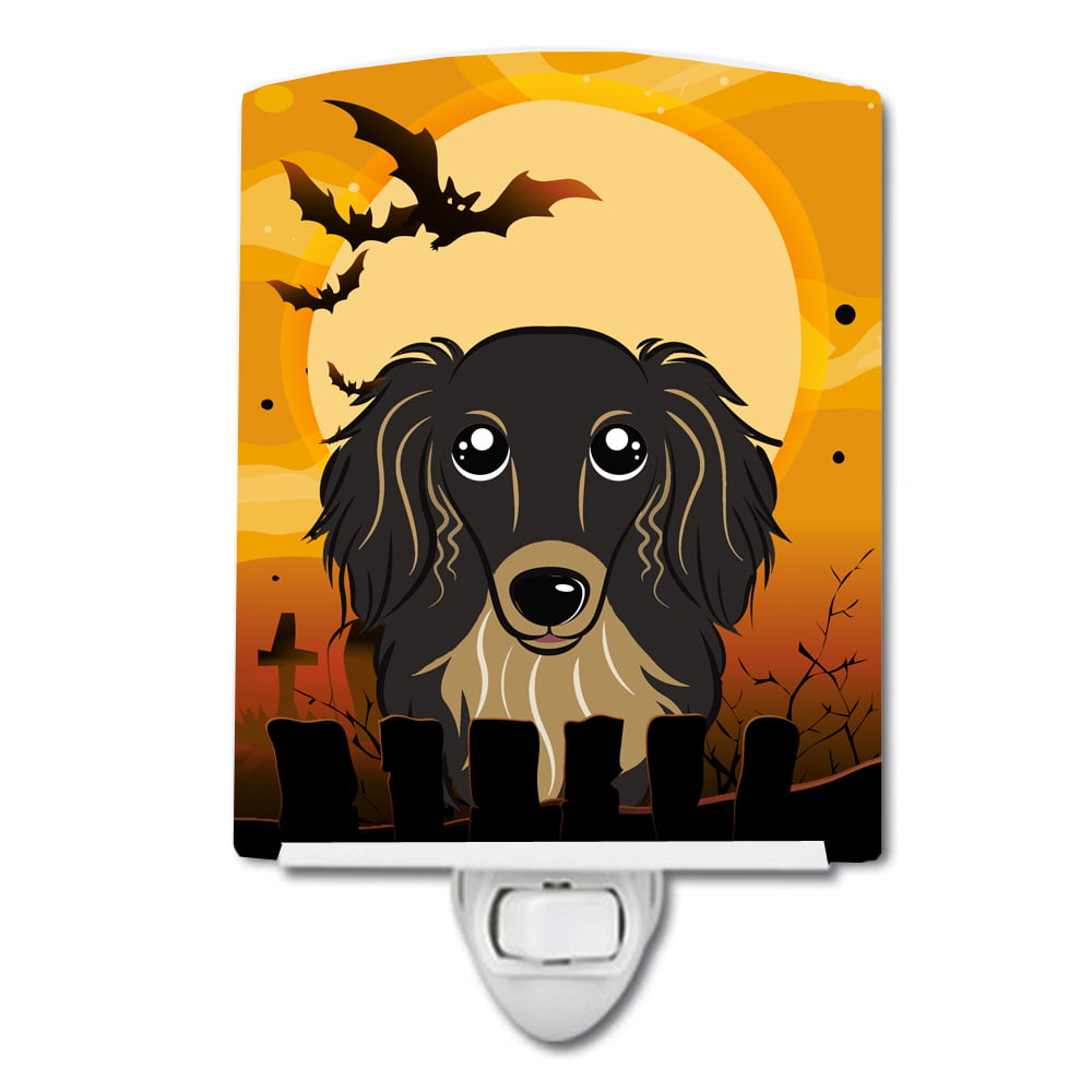Halloween Longhair Black & Tan Dachshund Ceramic Night Light