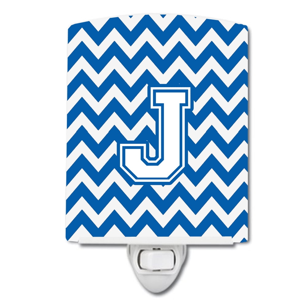 Letter J Chevron Blue & White Ceramic Night Light