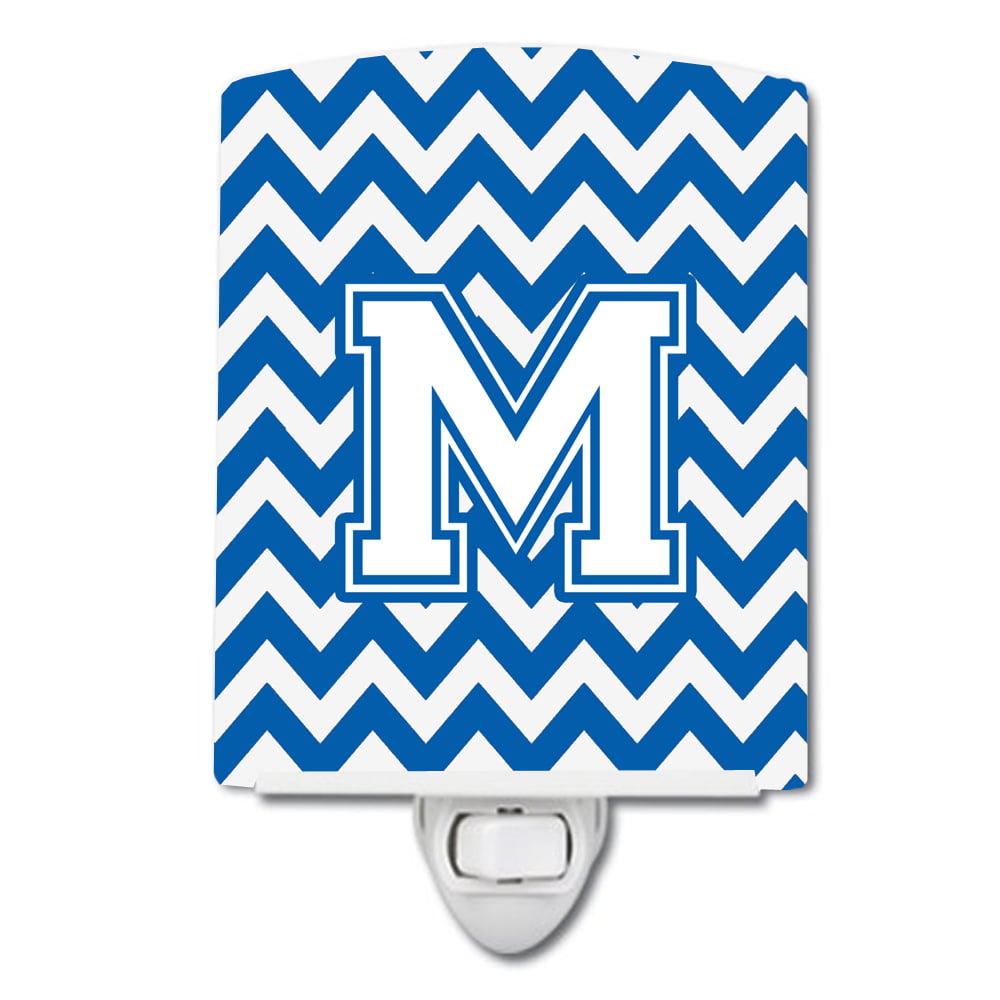 Letter M Chevron Blue & White Ceramic Night Light