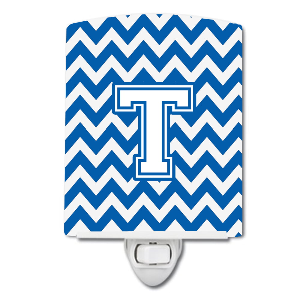Letter T Chevron Blue & White Ceramic Night Light