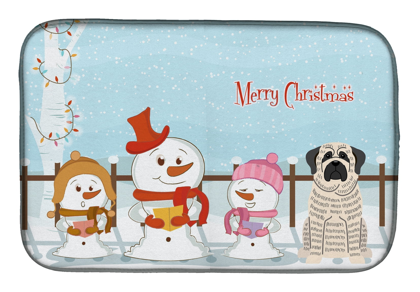 Merry Christmas Carolers Mastiff Brindle White Dish Drying Mat