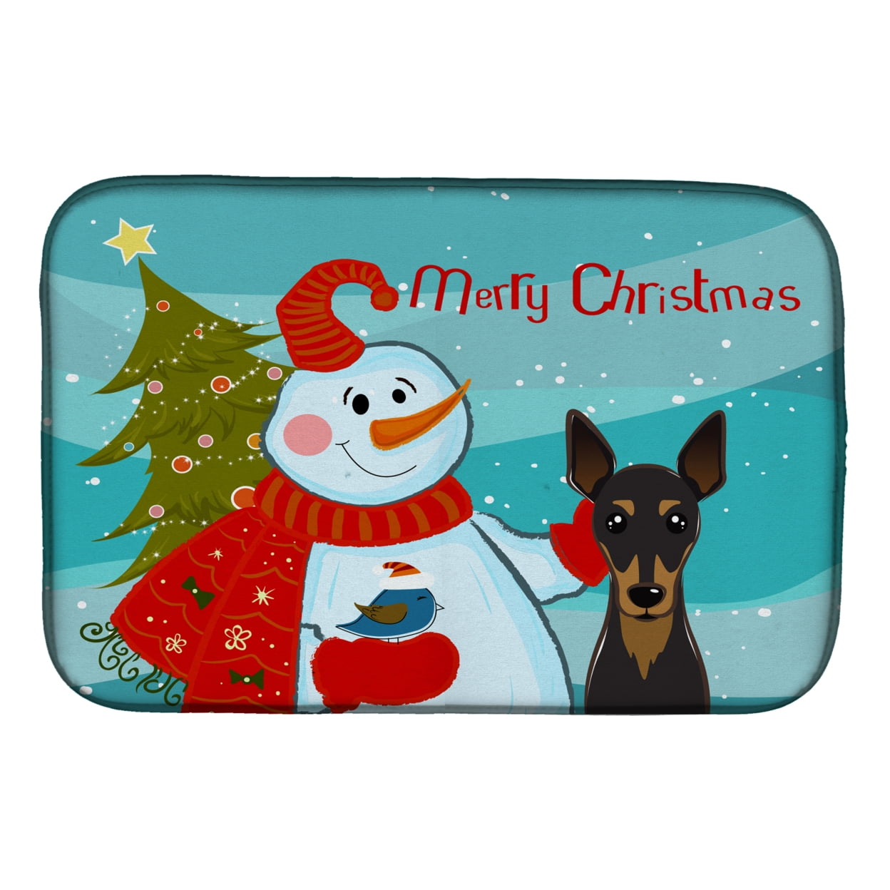 Snowman With Min Pin Dish Drying Mat