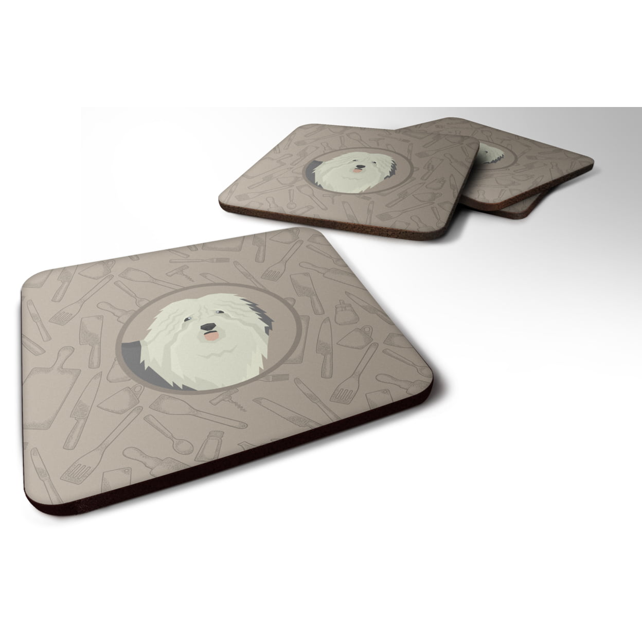 Picture of Carolines Treasures CK2199FC Old English Sheepdog in the Kitchen Foam Coasters - Set of 4
