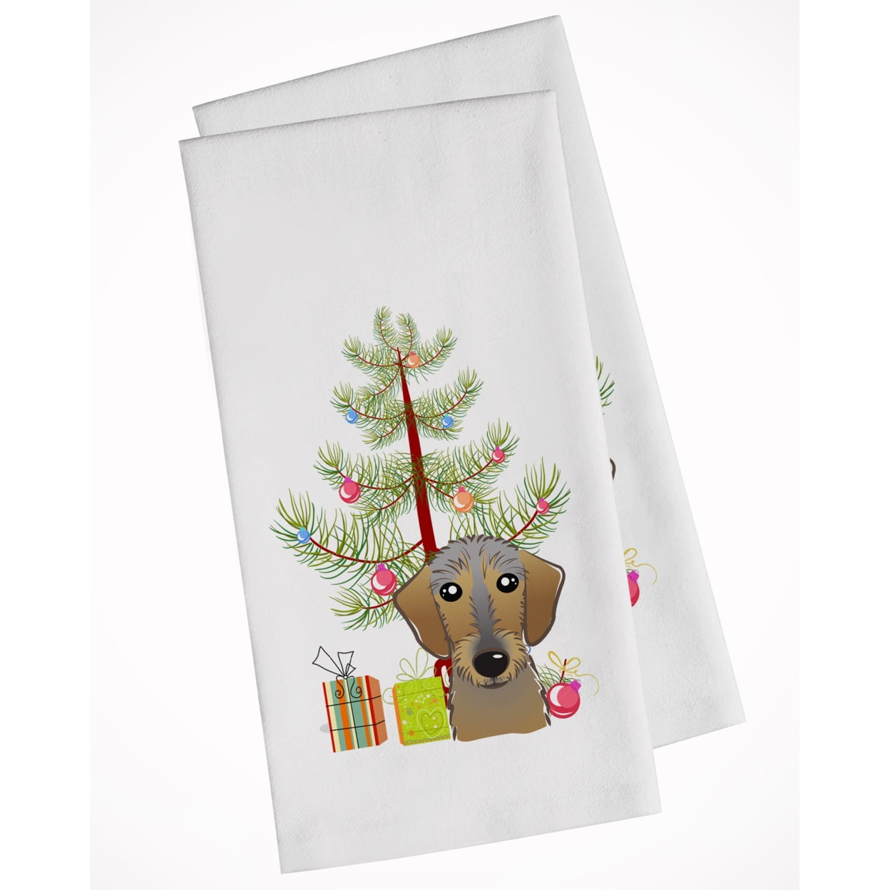 Picture of Carolines Treasures BB1605WTKT Christmas Tree & Wirehaired Dachshund White Kitchen Towel - Set of 2