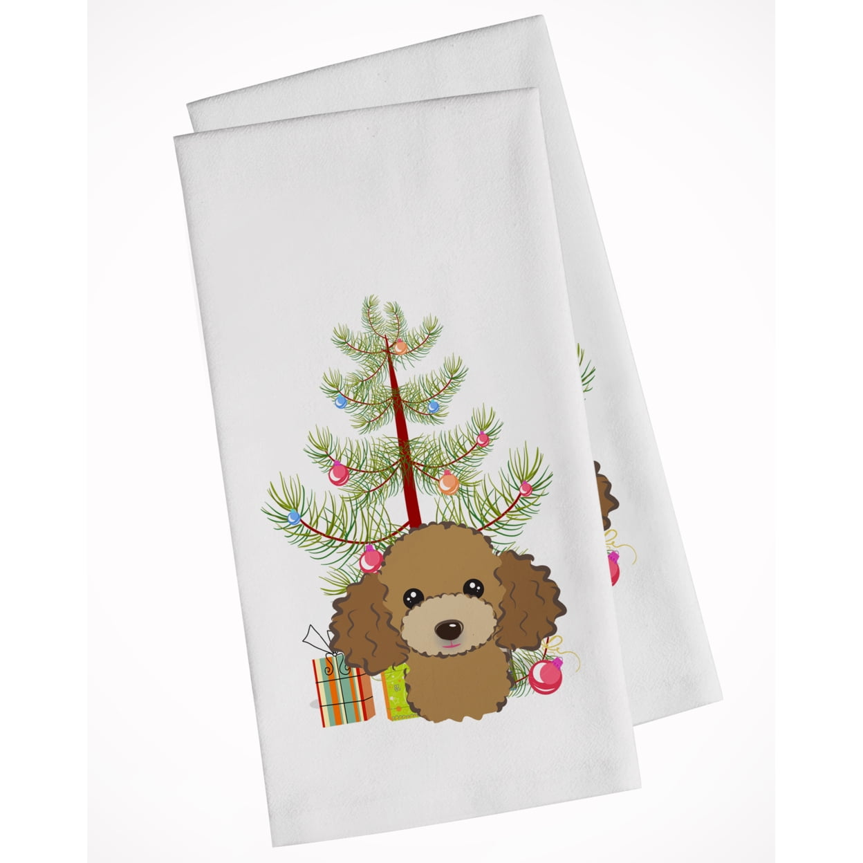 Picture of Carolines Treasures BB1628WTKT Christmas Tree & Chocolate Brown Poodle White Kitchen Towel - Set of 2