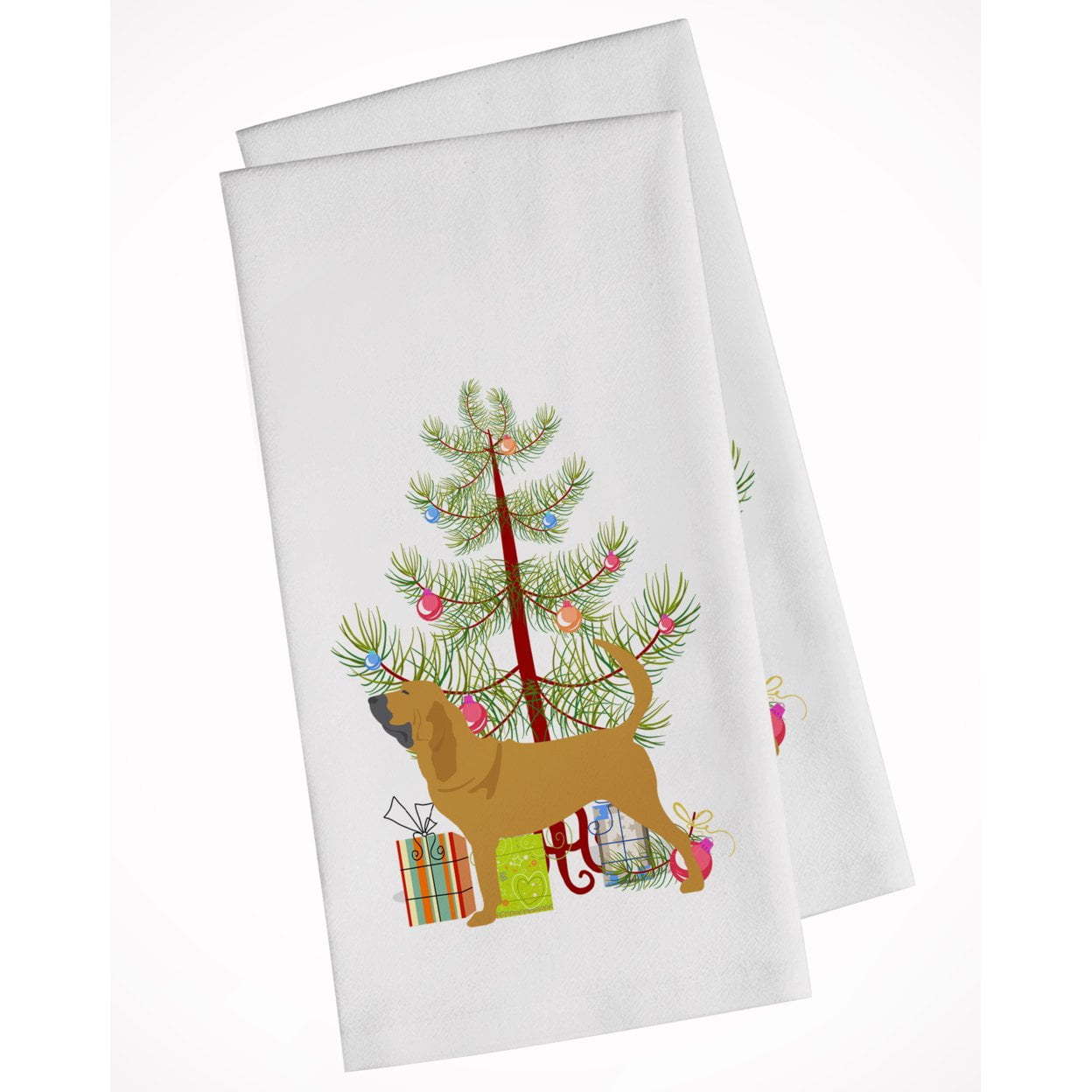 Picture of Carolines Treasures BB2902WTKT Bloodhound Merry Christmas Tree White Kitchen Towel - Set of 2