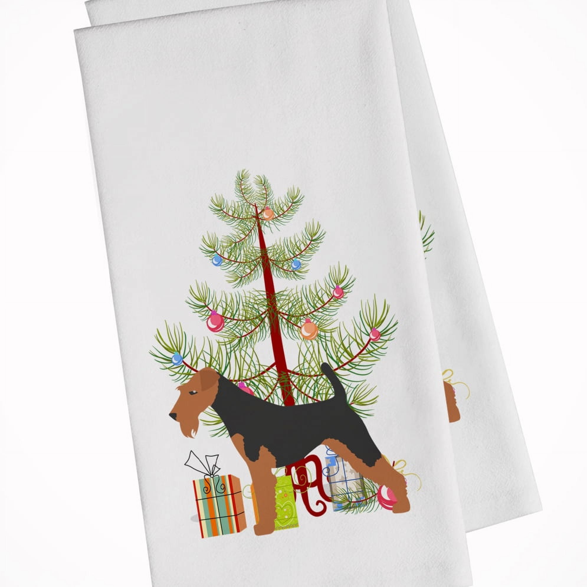 Picture of Carolines Treasures BB2903WTKT Welsh Terrier Merry Christmas Tree White Kitchen Towel - Set of 2
