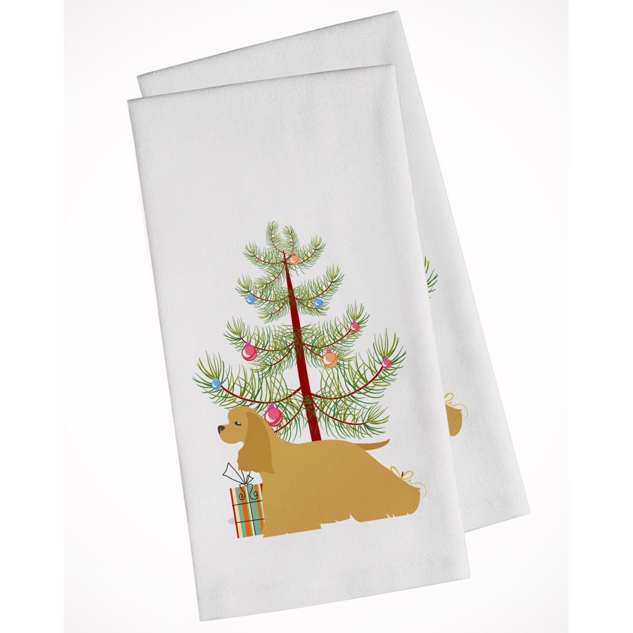 Picture of Carolines Treasures BB2904WTKT Cocker Spaniel Merry Christmas Tree White Kitchen Towel - Set of 2