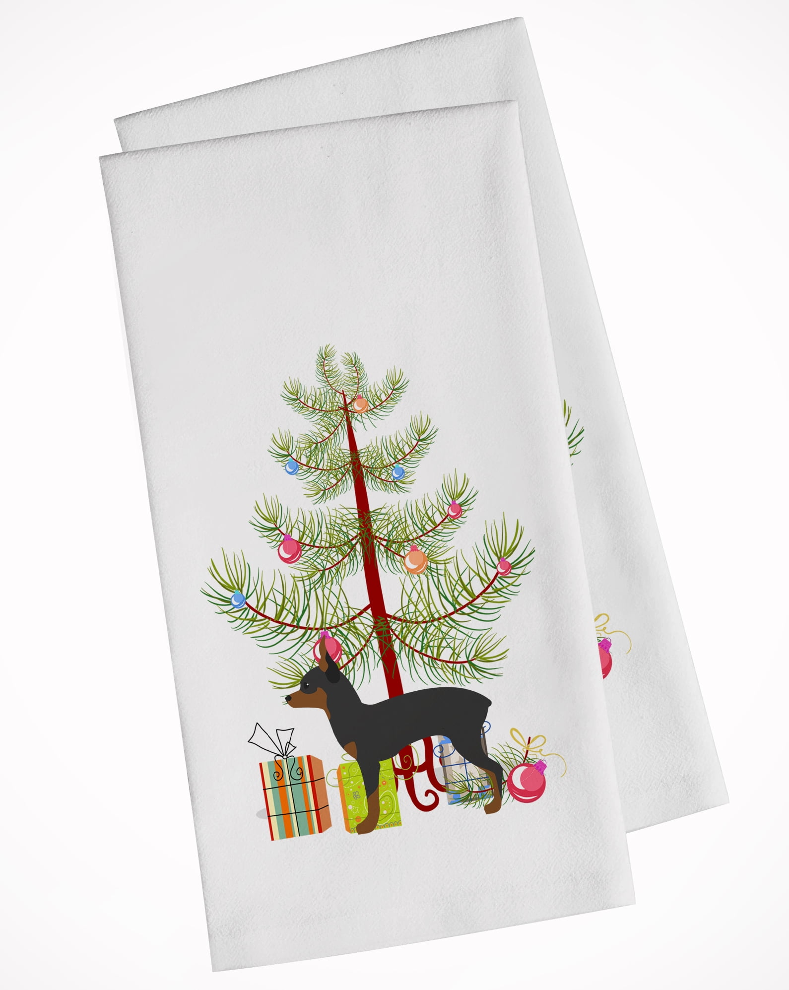 Picture of Carolines Treasures BB2905WTKT Toy Fox Terrier Merry Christmas Tree White Kitchen Towel - Set of 2