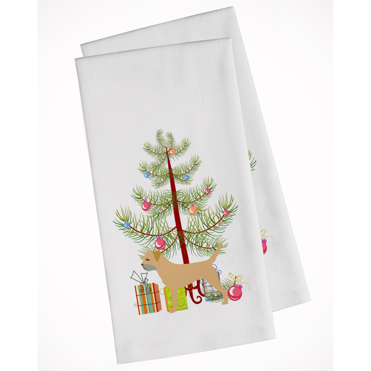 Picture of Carolines Treasures BB2907WTKT Border Terrier Merry Christmas Tree White Kitchen Towel - Set of 2