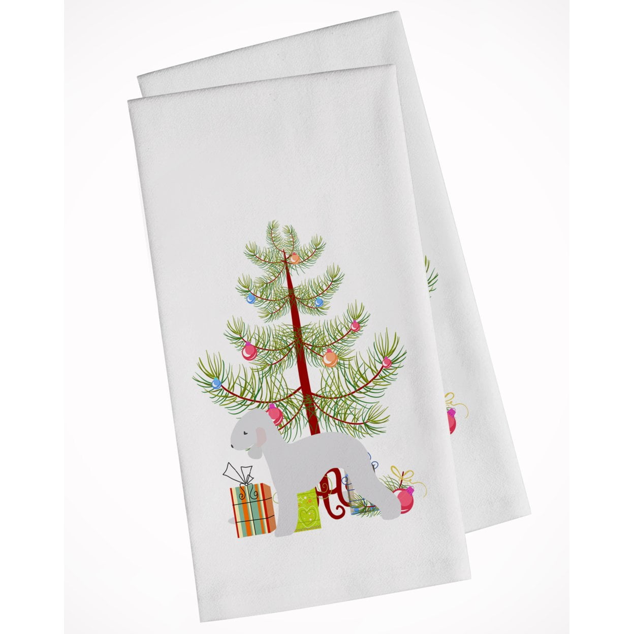 Picture of Carolines Treasures BB2912WTKT Bedlington Terrier Merry Christmas Tree White Kitchen Towel - Set of 2