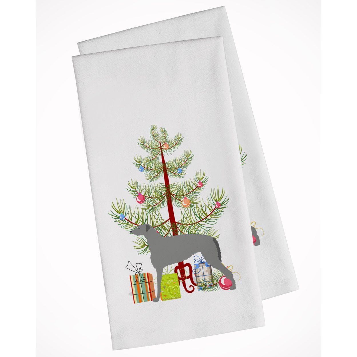 Picture of Carolines Treasures BB2914WTKT Scottish Deerhound Merry Christmas Tree White Kitchen Towel - Set of 2