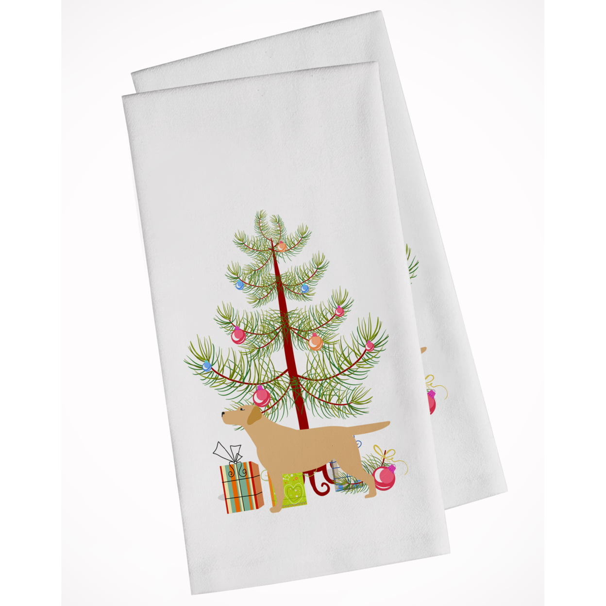 Picture of Carolines Treasures BB2915WTKT Yellow Labrador Retriever Merry Christmas Tree White Kitchen Towel - Set of 2