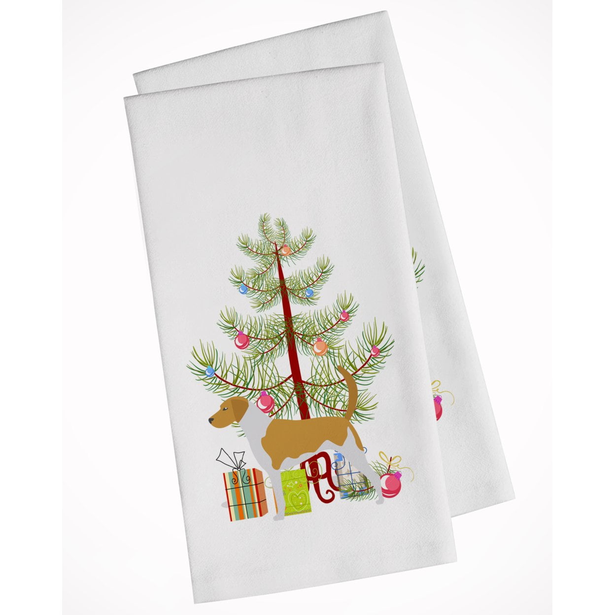 Picture of Carolines Treasures BB2916WTKT American Foxhound Merry Christmas Tree White Kitchen Towel - Set of 2
