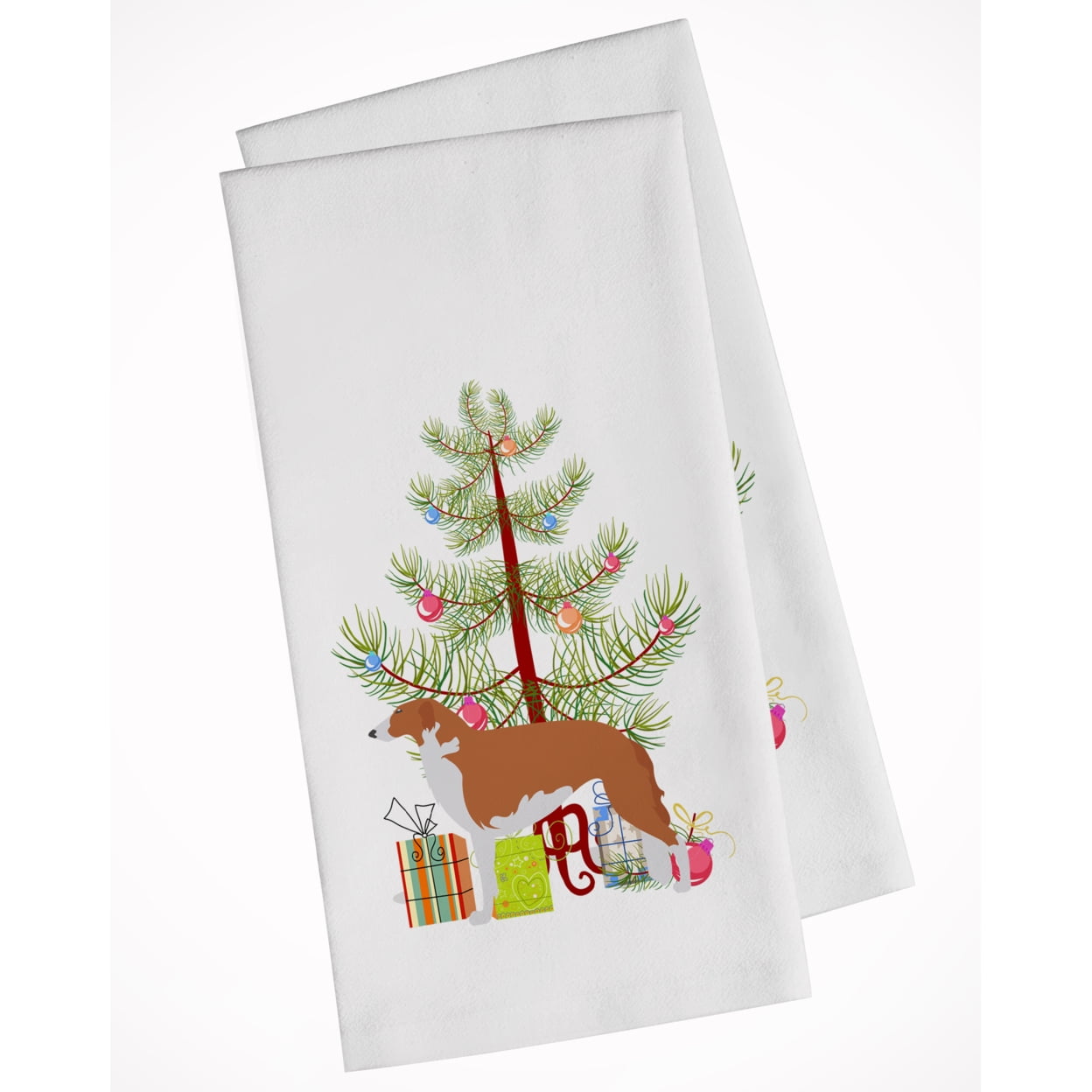 Picture of Carolines Treasures BB2917WTKT Borzoi Russian Greyhound Merry Christmas Tree White Kitchen Towel - Set of 2