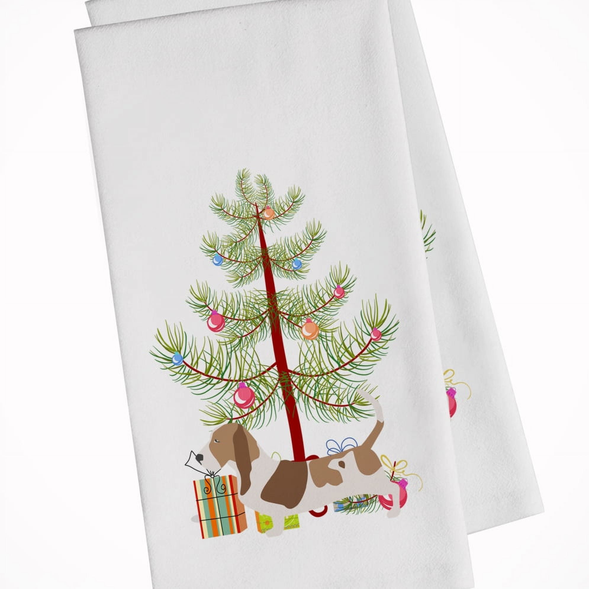 Picture of Carolines Treasures BB2920WTKT Basset Hound Merry Christmas Tree White Kitchen Towel - Set of 2