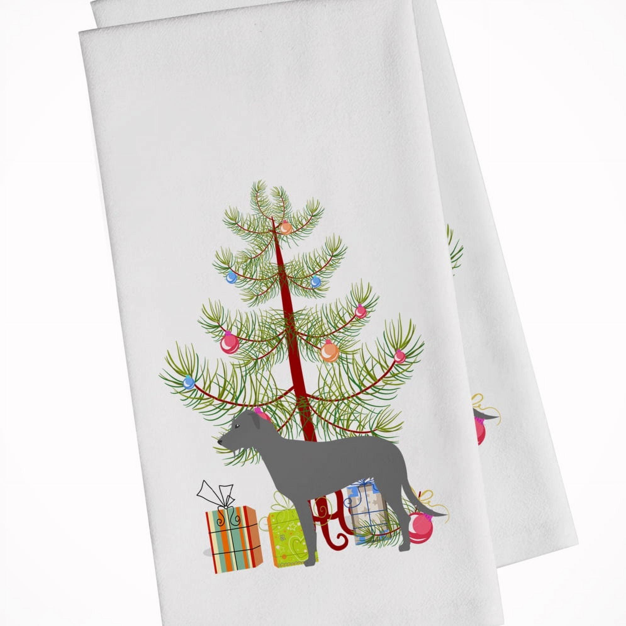 Picture of Carolines Treasures BB2921WTKT Irish Wolfhound Merry Christmas Tree White Kitchen Towel - Set of 2