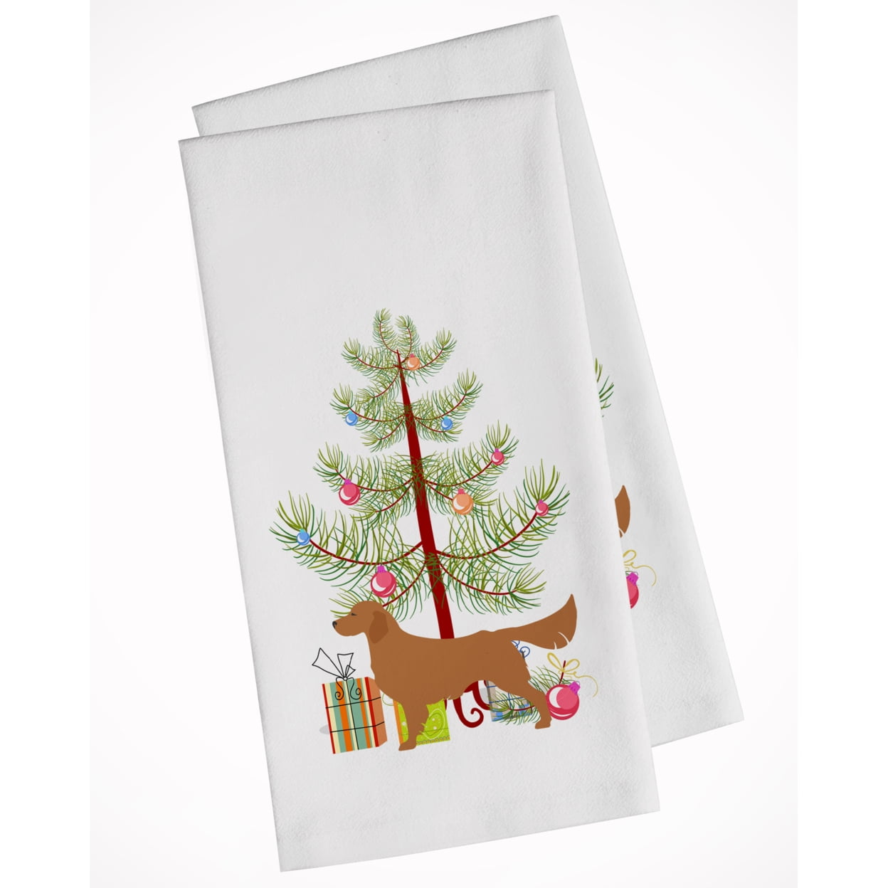 Picture of Carolines Treasures BB2922WTKT Golden Retriever Merry Christmas Tree White Kitchen Towel - Set of 2