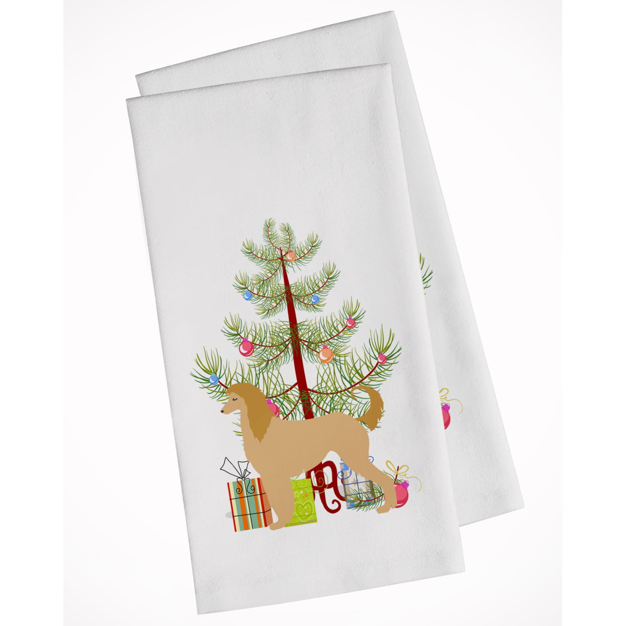 Picture of Carolines Treasures BB2924WTKT Afghan Hound Merry Christmas Tree White Kitchen Towel - Set of 2