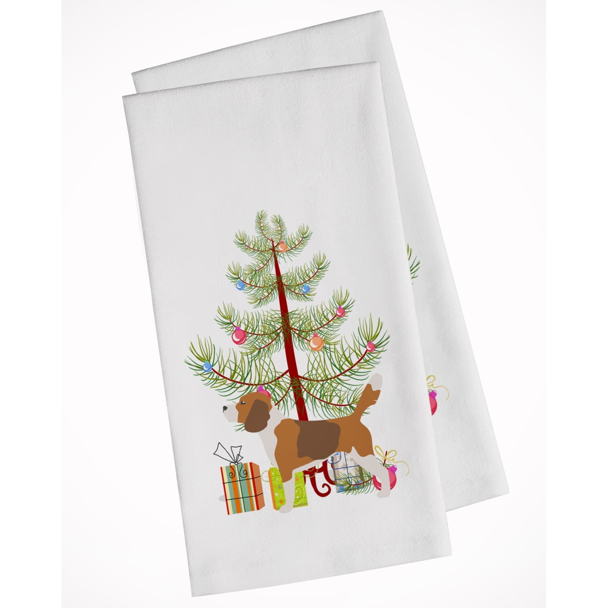Picture of Carolines Treasures BB2928WTKT Beagle Merry Christmas Tree White Kitchen Towel - Set of 2