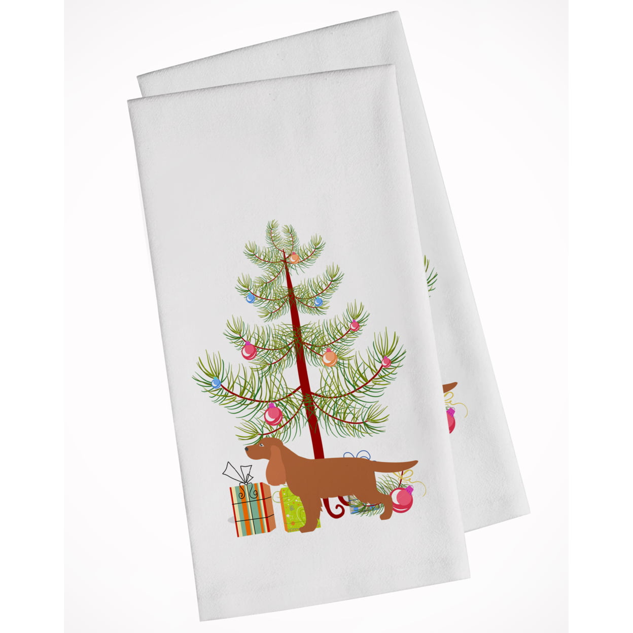 Picture of Carolines Treasures BB2930WTKT English Cocker Spaniel Merry Christmas Tree White Kitchen Towel - Set of 2