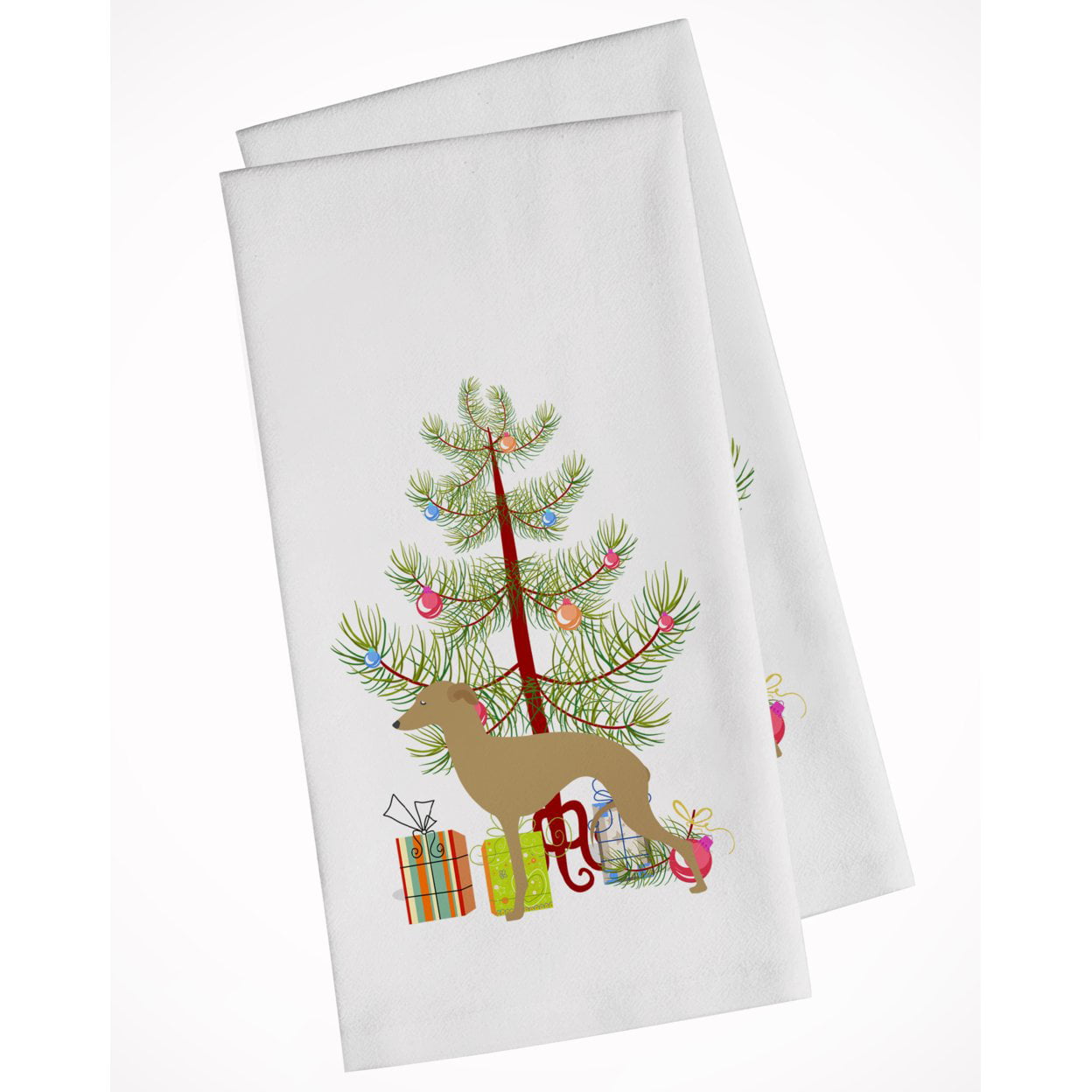 Picture of Carolines Treasures BB2932WTKT Italian Greyhound Merry Christmas Tree White Kitchen Towel - Set of 2