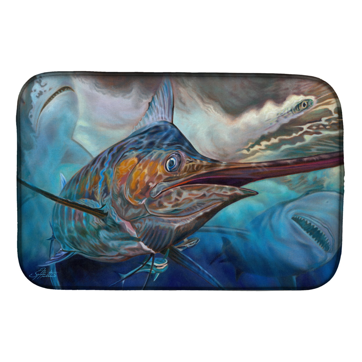 Picture of Carolines Treasures JMA2000DDM Running The Guantlet Blue Marlin Dish Drying Mat