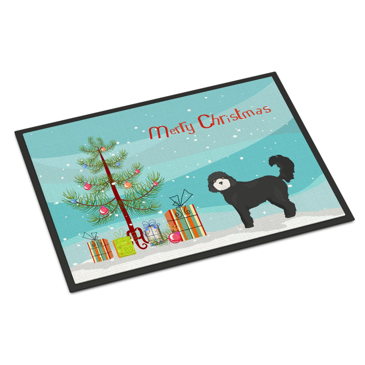 24 x 36 in. Black Cockapoo Christmas Tree Indoor or Outdoor Mat