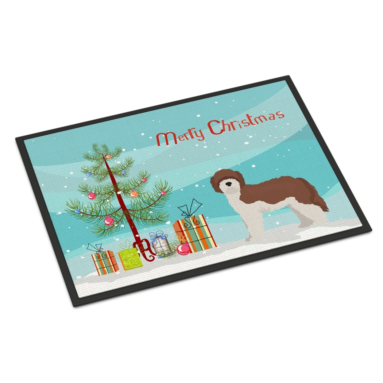 24 x 36 in. Sheepadoodle Christmas Tree Indoor or Outdoor Mat