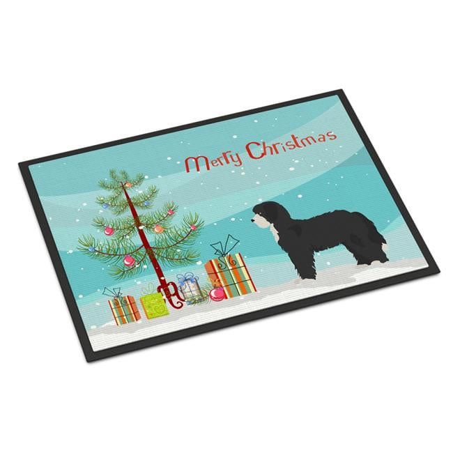 24 x 36 in. Black Sheepadoodle Christmas Tree Indoor or Outdoor Mat