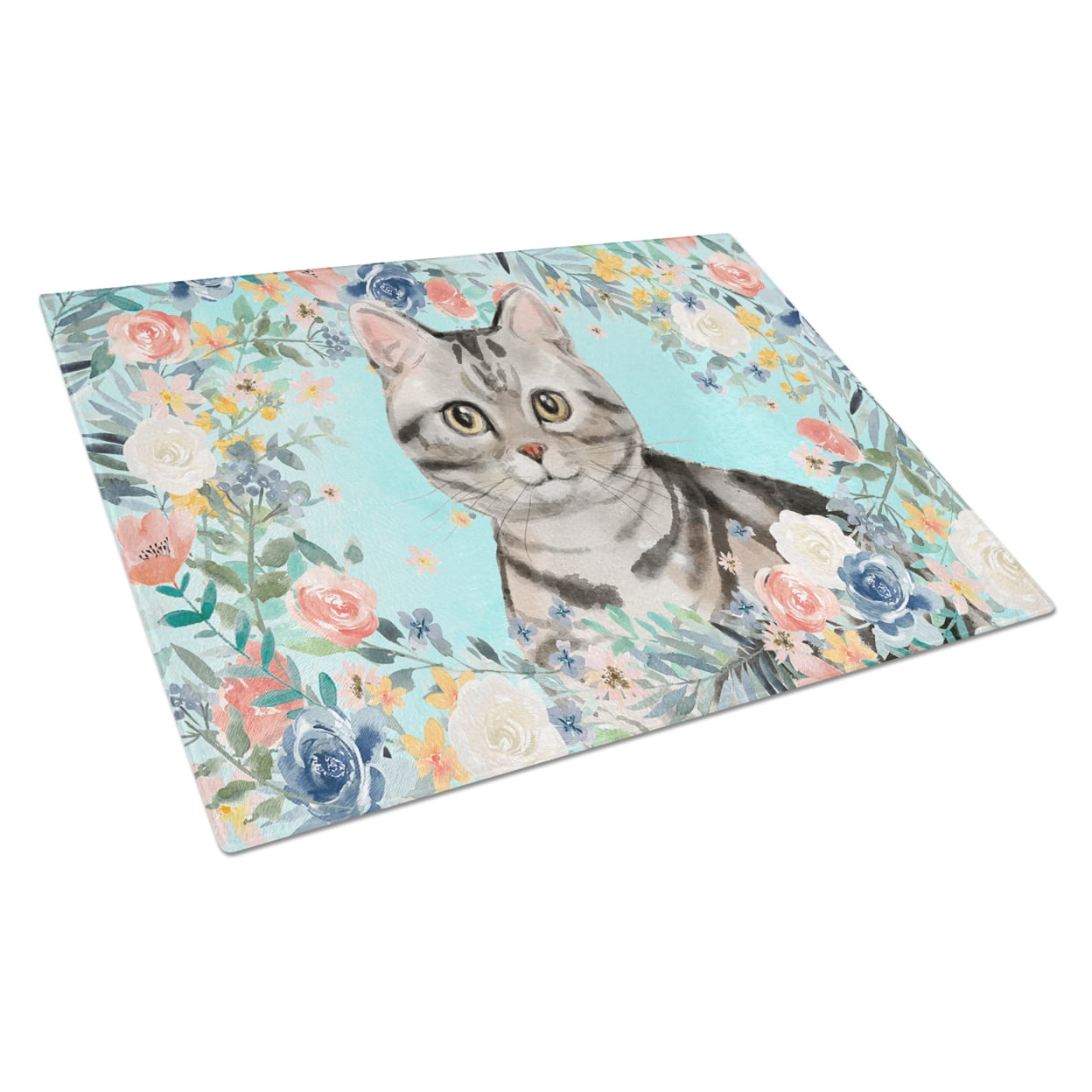 Picture of Carolines Treasures CK3388LCB American Shorthair Spring Flowers Glass Cutting Board - Large