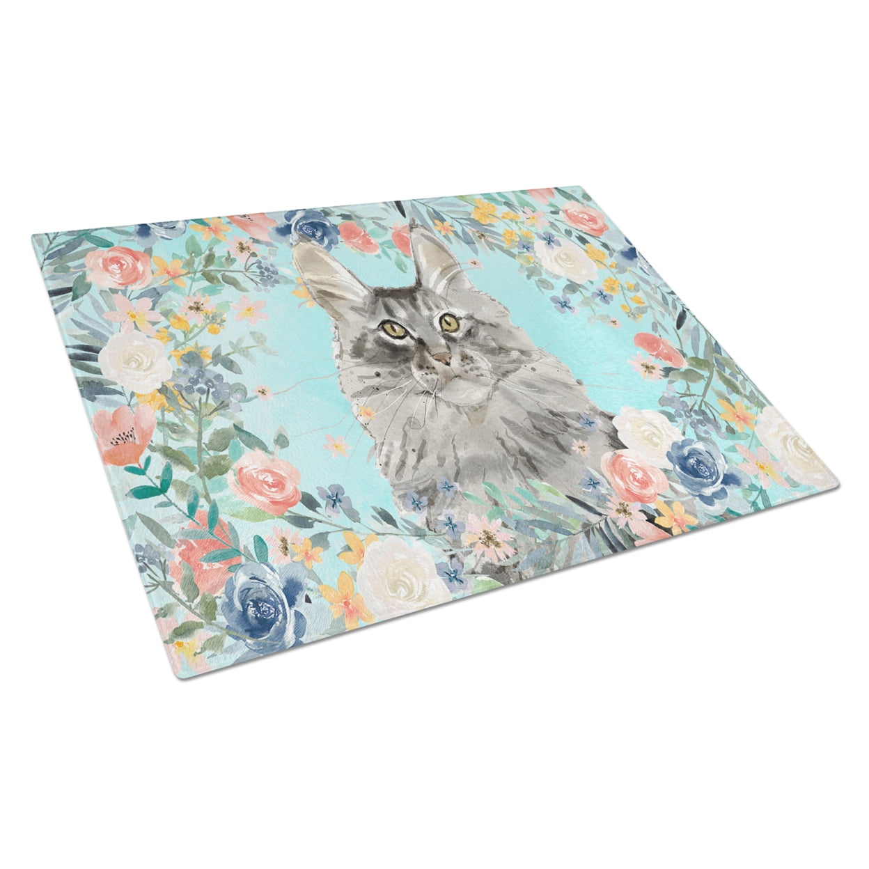 Maine Coon Spring Flowers Glass Cutting Board - Large