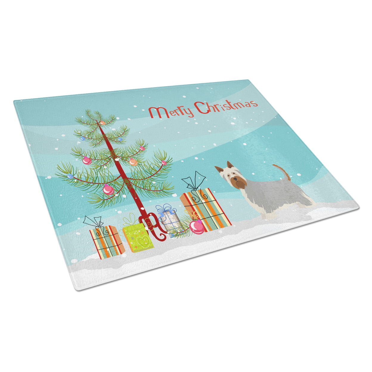 Picture of Carolines Treasures CK3443LCB Australian Silky Terrier Christmas Tree Glass Cutting Board - Large