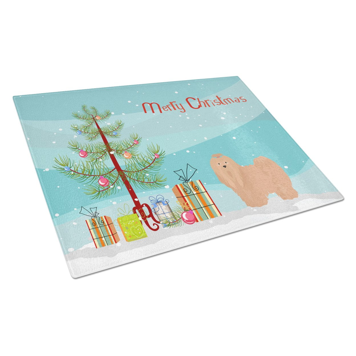 Picture of Carolines Treasures CK3468LCB Tan Lhasa Apso Christmas Tree Glass Cutting Board - Large