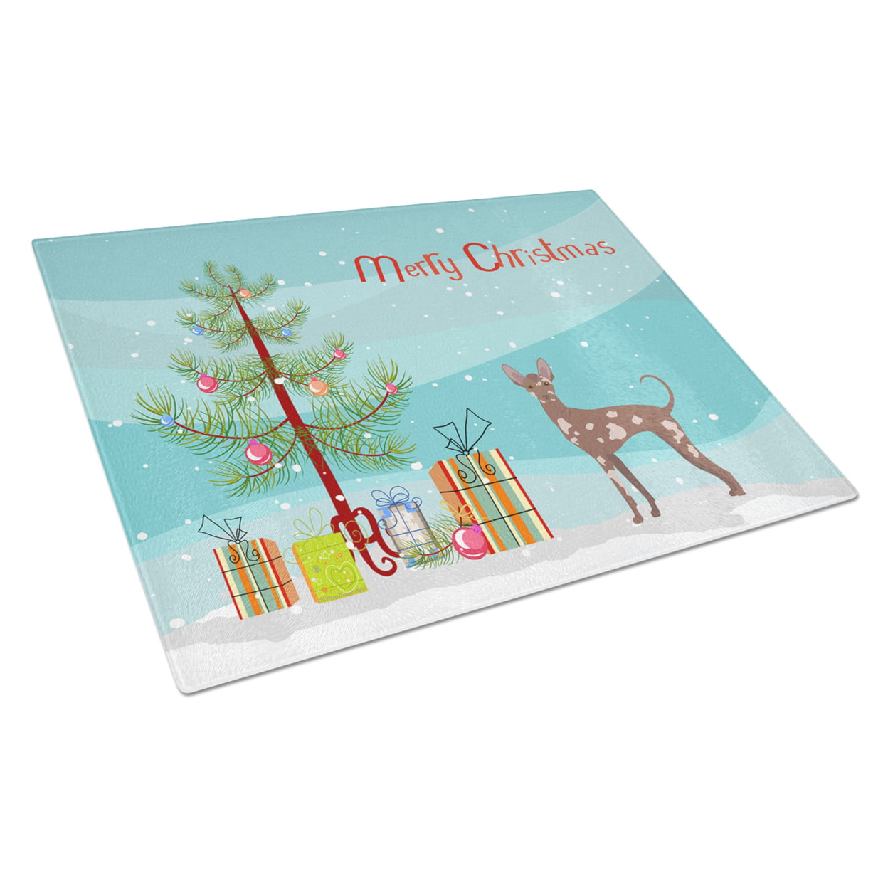 Picture of Carolines Treasures CK3473LCB Mexican Hairless Dog Christmas Tree Glass Cutting Board - Large
