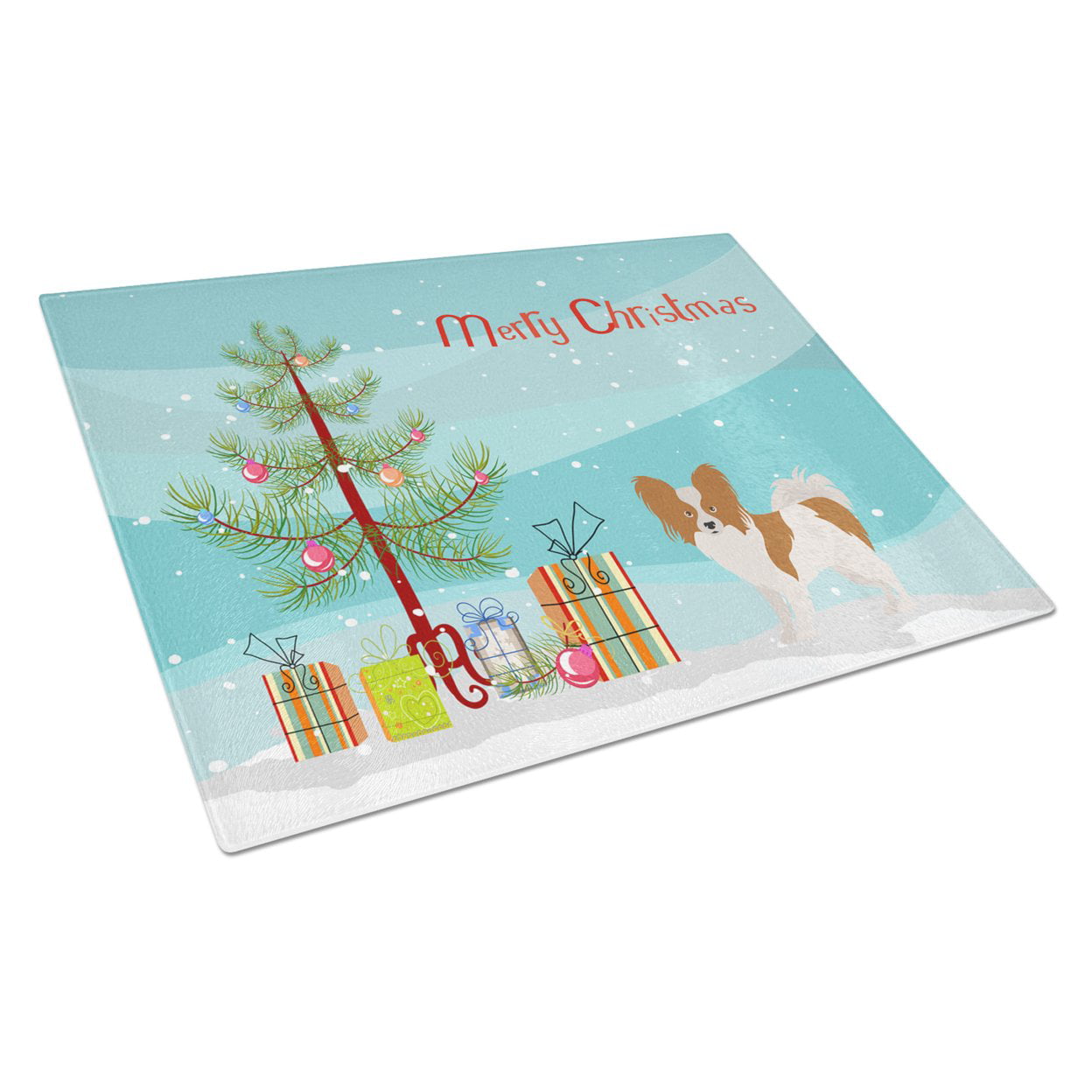 Picture of Carolines Treasures CK3476LCB Papillon Christmas Tree Glass Cutting Board - Large