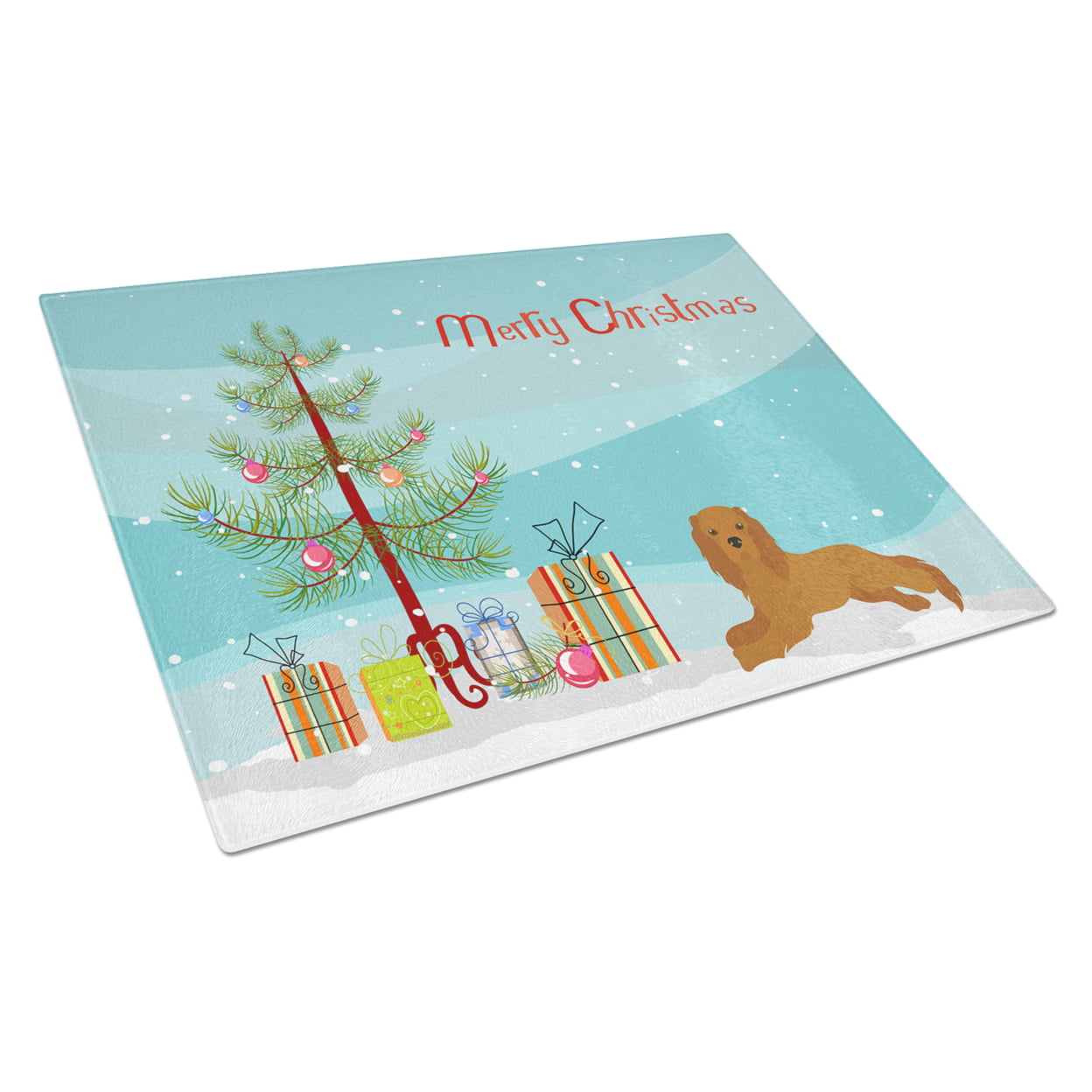 Picture of Carolines Treasures CK3495LCB Ruby Cavalier King Charles Spaniel Christmas Tree Glass Cutting Board - Large